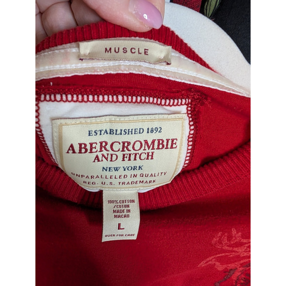 VTG Y2K Mens Red Abercrombie & Fitch Moose Logo Long Sleeve Muscle Fit Tee MED - Picture 4 of 9